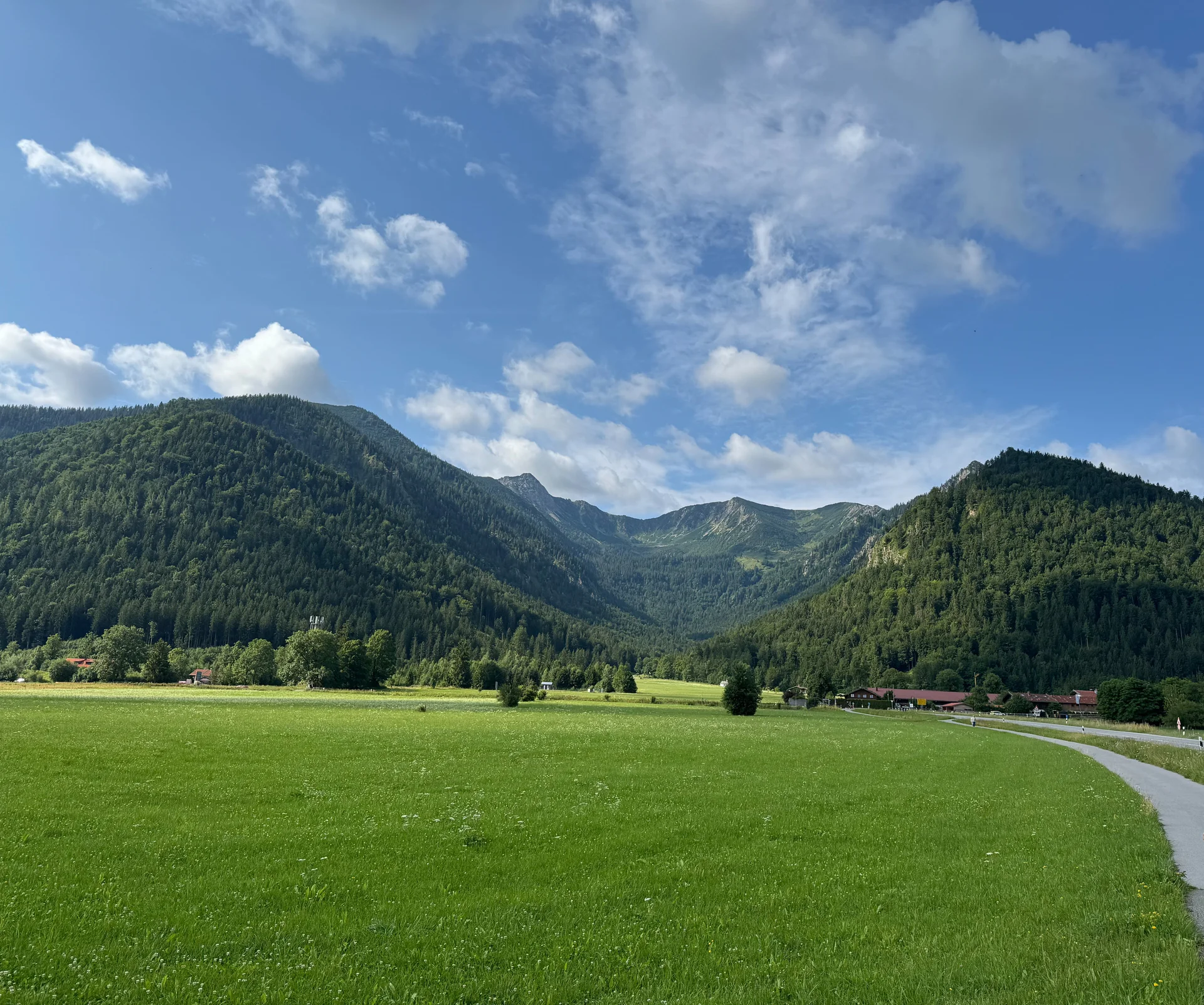 Wiese, daneben eine kleine Straße, im Hintergrund Berge | © Patrick Schönfeldt