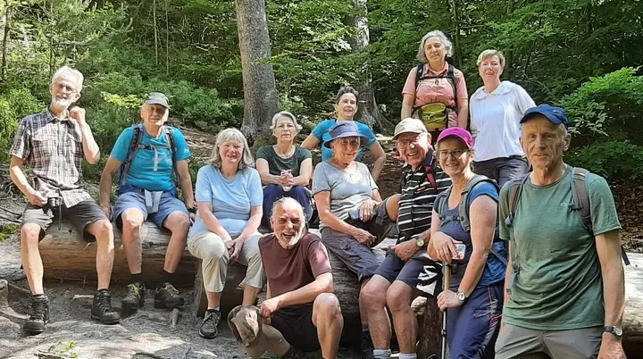 Wandergruppe sitzt im Wald auf Baumstämmen | © Beate Straube