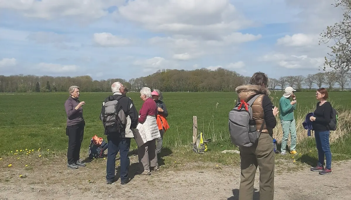 Wandergruppe bei der Rast, im Hintergrund Wiese | © Beate Straube