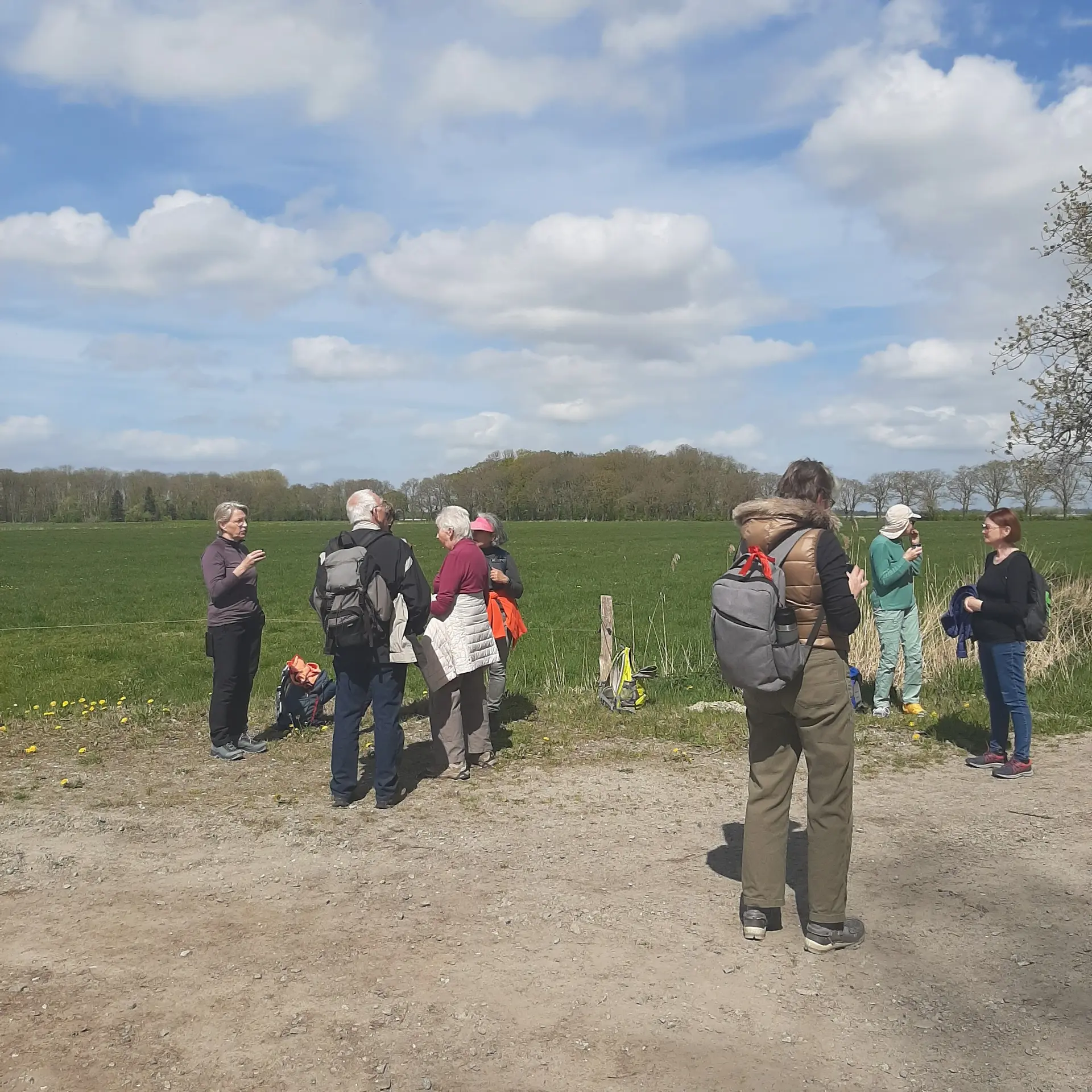 Wandergruppe bei der Rast, im Hintergrund Wiese | © Beate Straube